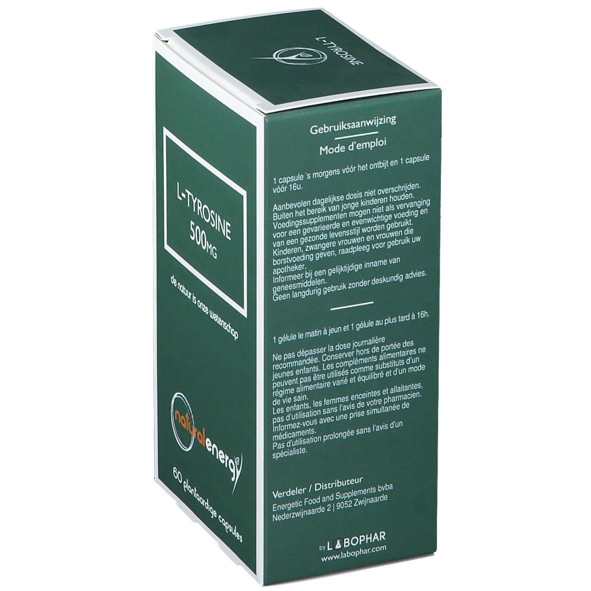 Boîte verte avec cadre blanc. Texte: L-Tyrosine 500MG, logo Natural Energy, 60 gélules végétales. Mode d'emploi.