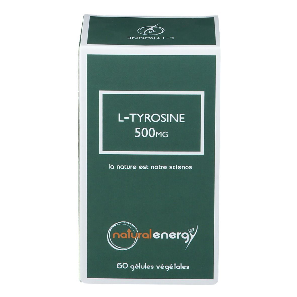 Boîte verte avec cadre blanc. Texte: L-Tyrosine 500MG, logo Natural Energy, 60 gélules végétales.