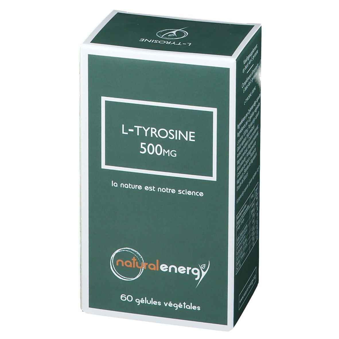 Boîte verte avec cadre blanc. Texte: L-Tyrosine 500MG, logo Natural Energy, 60 gélules végétales.