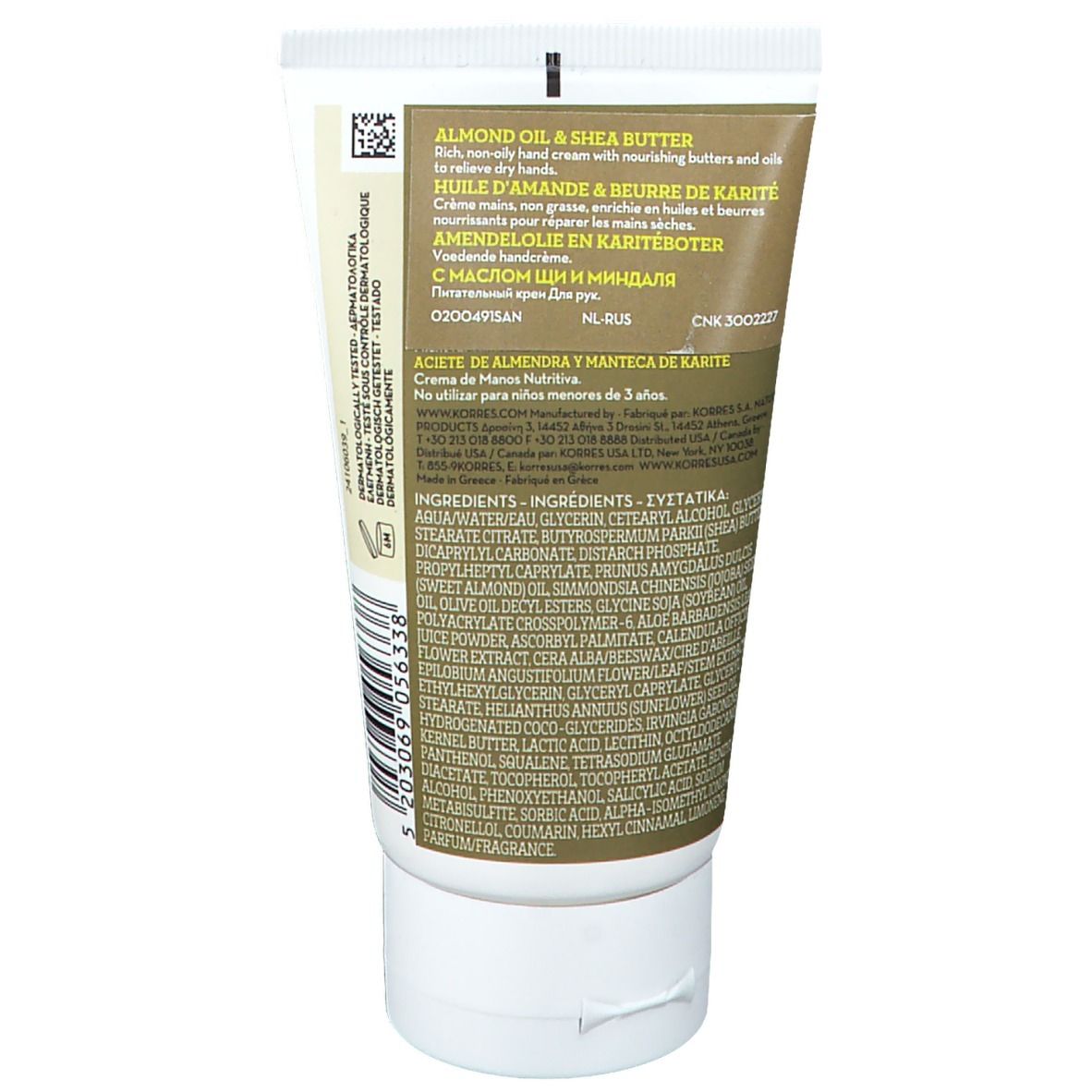 Rückseite der Creme-Tube mit Produktinformationen, Inhaltsstoffen und Barcode. Text in mehreren Sprachen, darunter Deutsch und Englisch.