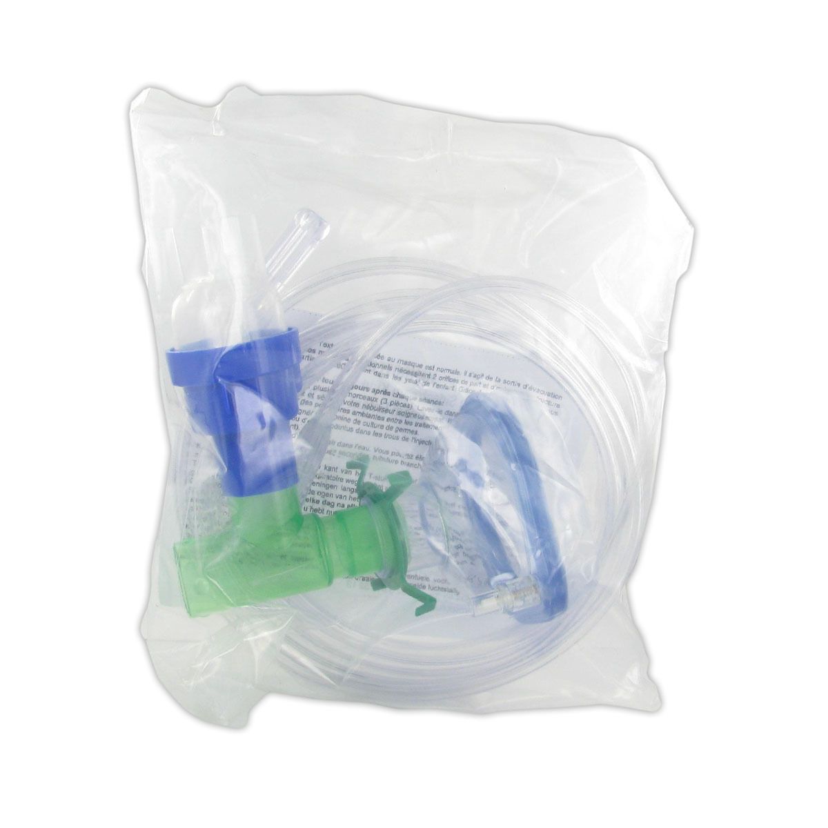 Dispositif médical emballé dans un sac plastique. Comprend des pièces en plastique bleu et vert, des tubes et du papier.