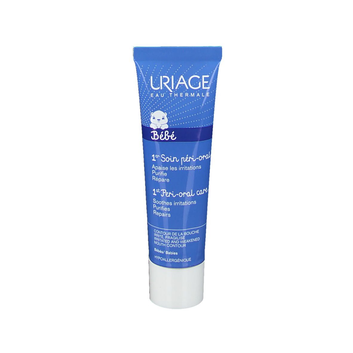 Tube bleu Uriage Bébé 1er Soin Péri-Oral. Inscriptions en français et anglais. Bouchon blanc.