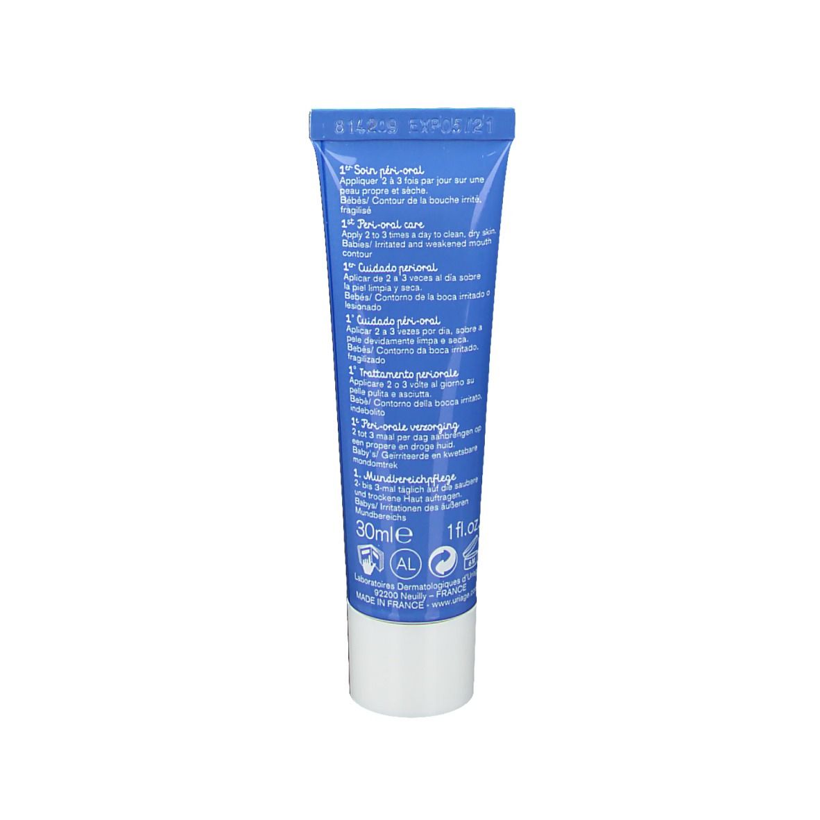Dos du tube bleu. Texte multilingue. Ingrédients et instructions d'utilisation.