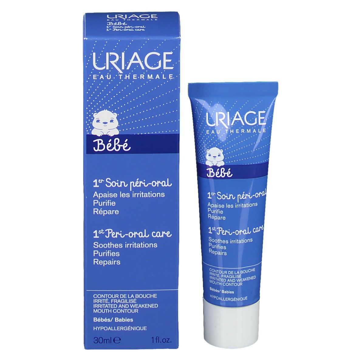 Emballage produit. Boîte et tube bleus. Uriage Bébé 1er Soin Péri-Oral. Texte en français et anglais.