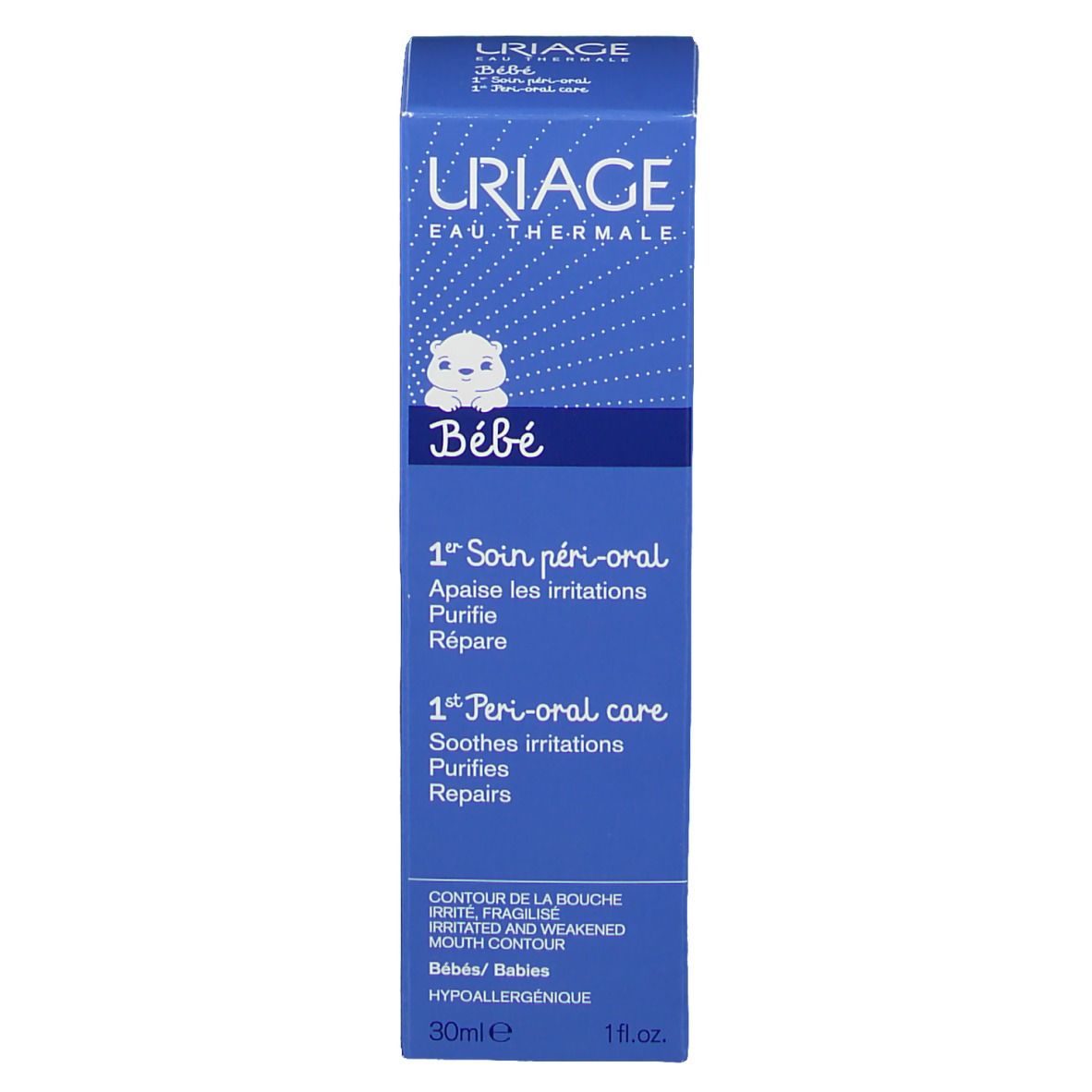 Boîte bleue. Uriage Bébé 1er Soin Péri-Oral. Texte en français et anglais. 30ml.
