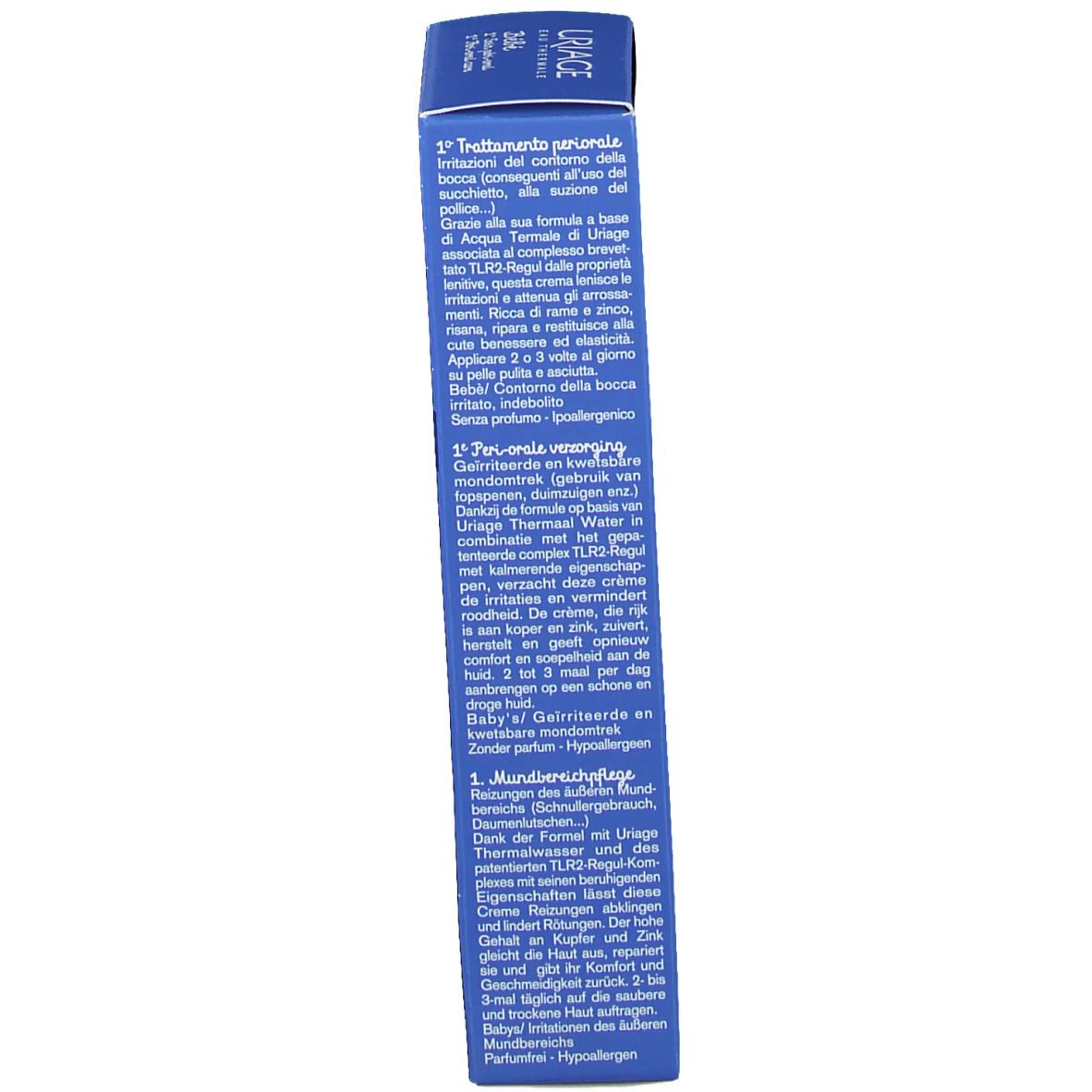 Côté de la boîte bleue. Texte multilingue. Instructions d'utilisation et ingrédients.
