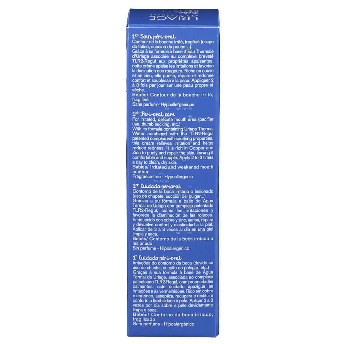 Côté de la boîte bleue. Texte multilingue. Instructions d'utilisation et ingrédients.
