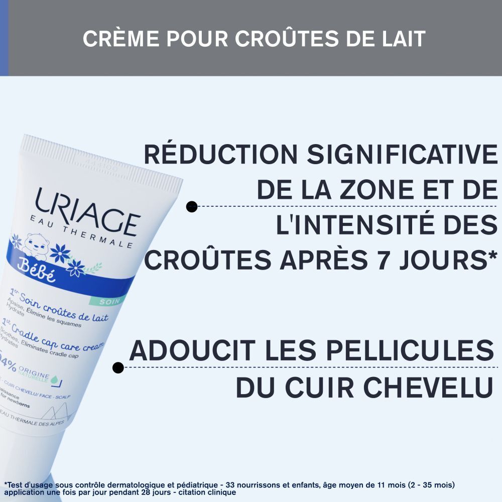 Uriage Bébé crème croûtes de lait. Texte: réduit les pellicules après 7 jours.