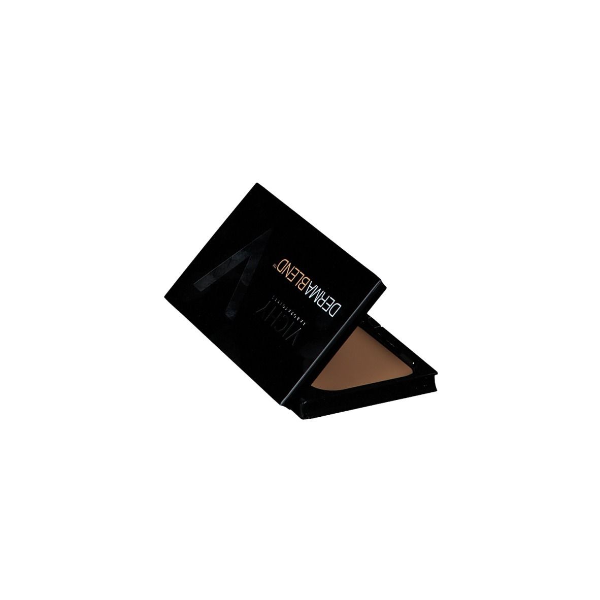 Make-up compatto in crema in confezione nera. Marchio Vichy Dermablend. Aperto, make-up visibile.