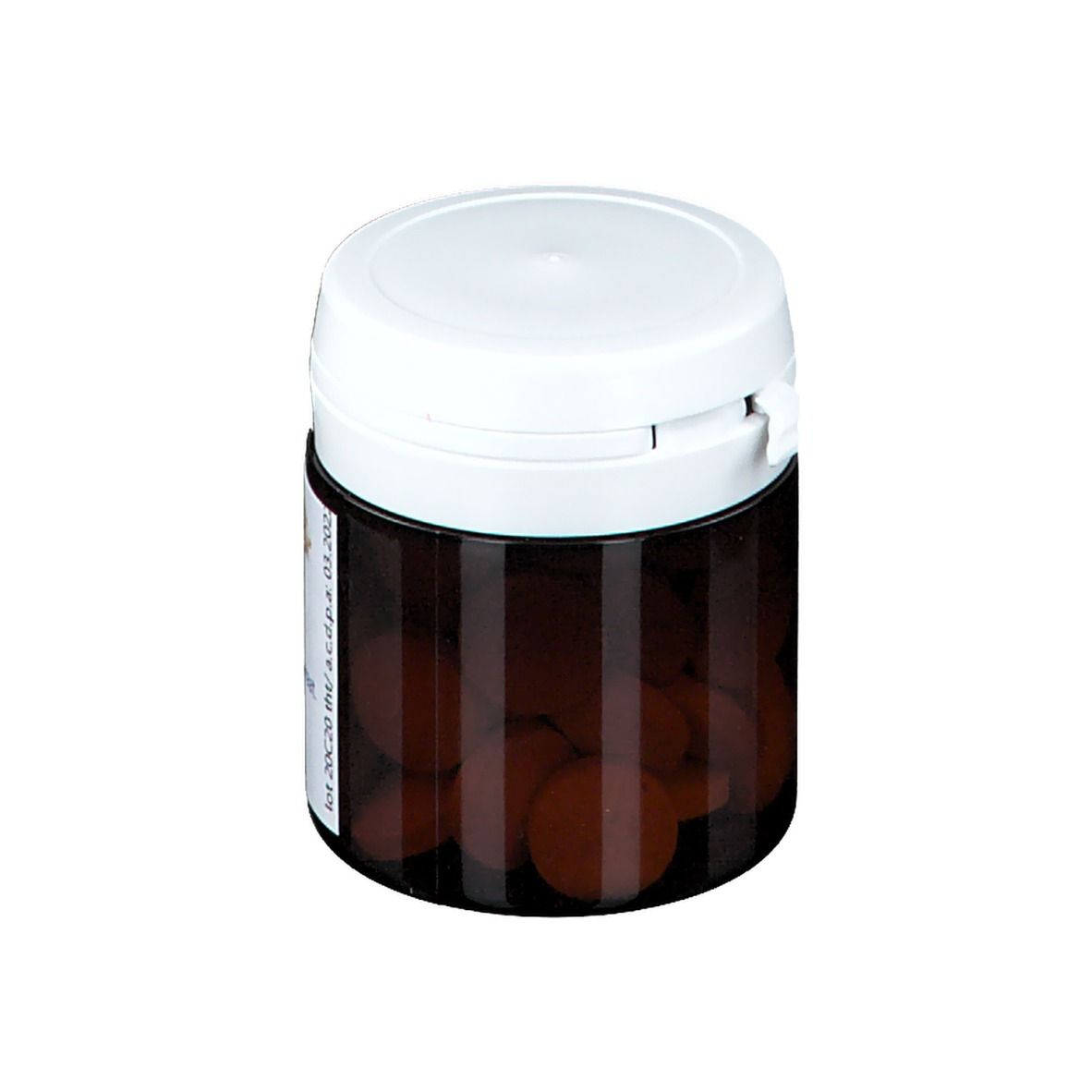 Pot de comprimés brun avec couvercle blanc. Contenu: comprimés. Fabricant: Pharmaplant.