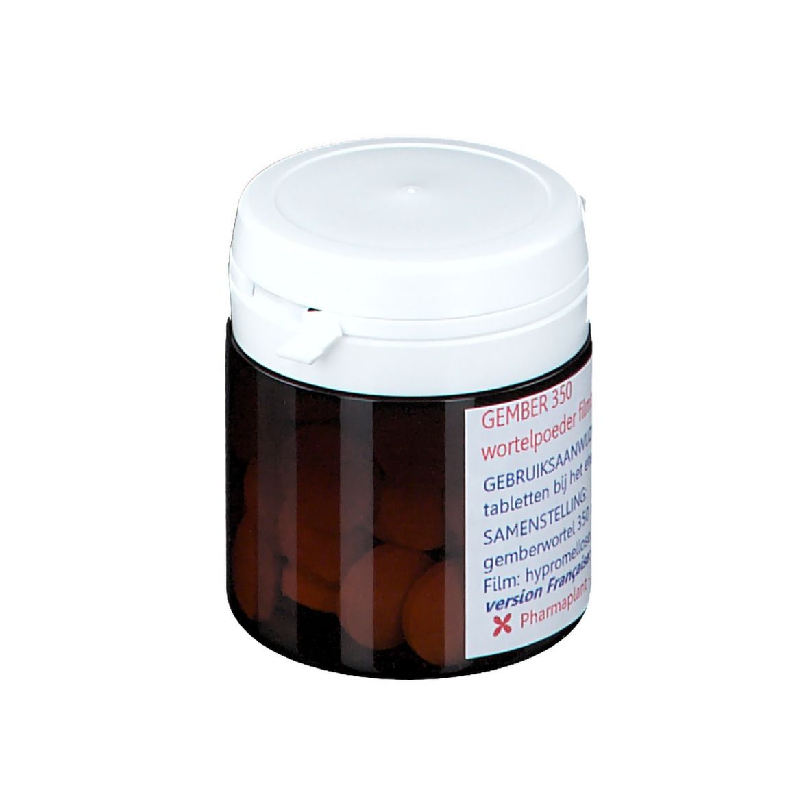 Pot de comprimés brun avec couvercle blanc. Contenu: comprimés. Fabricant: Pharmaplant.