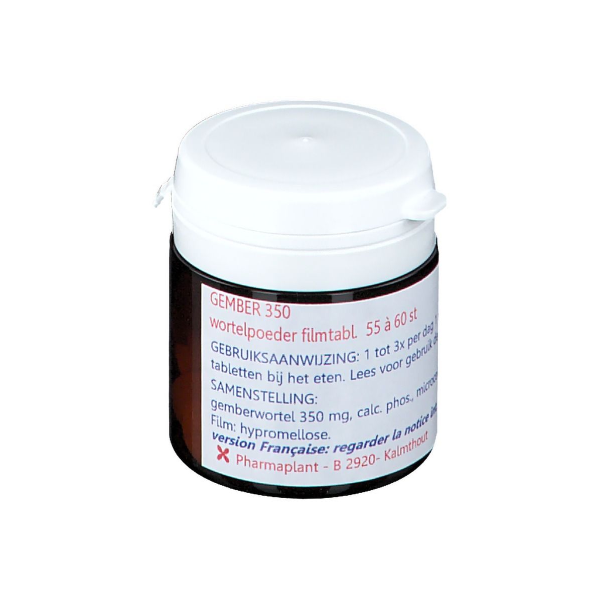 Pot blanc avec étiquette noire. Texte: Gingembre 350, mode d'emploi, ingrédients. Fabricant: Pharmaplant.