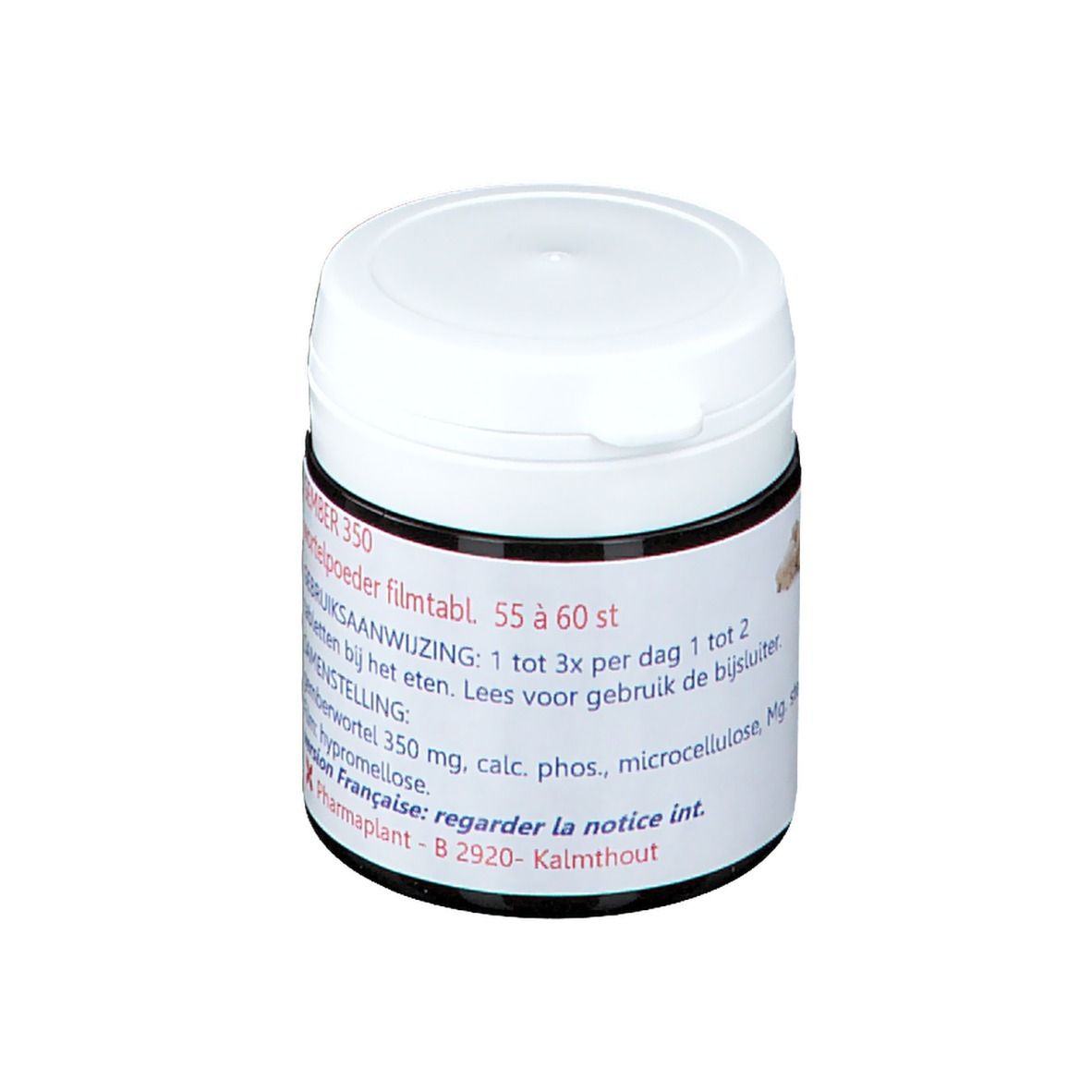 Pot blanc avec étiquette noire. Texte: Gingembre 350, mode d'emploi, ingrédients. Fabricant: Pharmaplant.