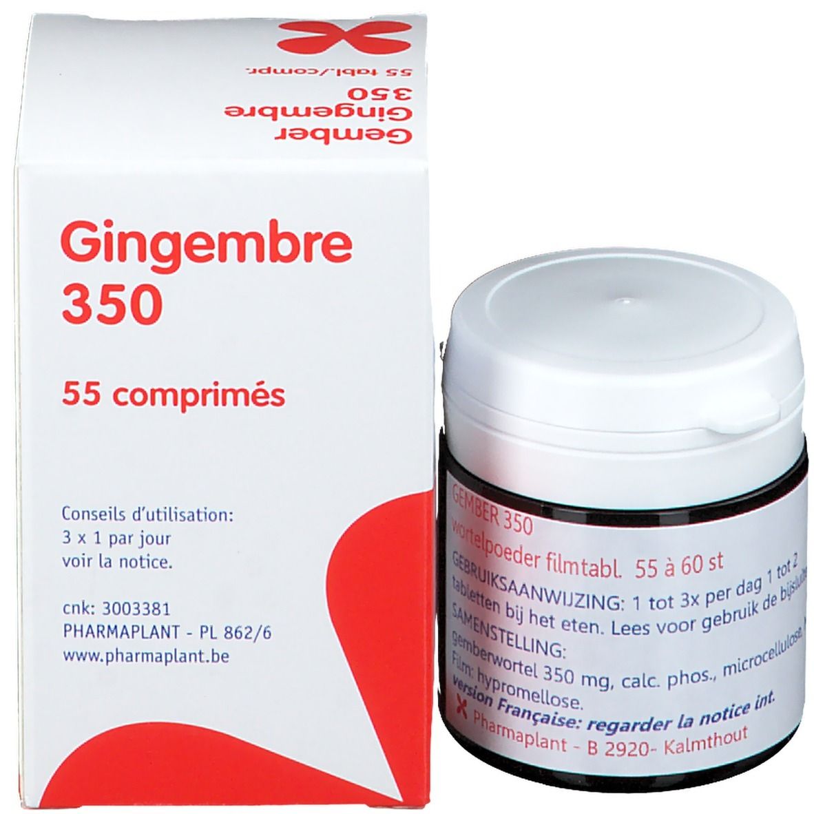Boîte blanche et pot de comprimés. Texte: Gingembre 350, 55 comprimés. Fabricant: Pharmaplant.