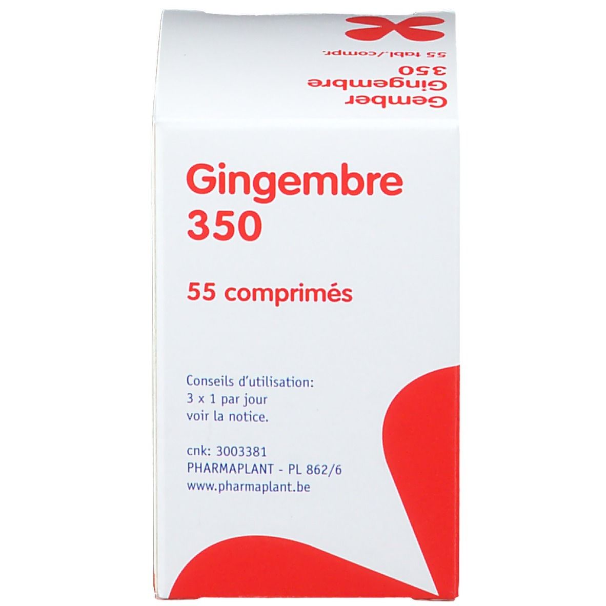 Boîte blanche. Texte: Gingembre 350, 55 comprimés. Fabricant: Pharmaplant.