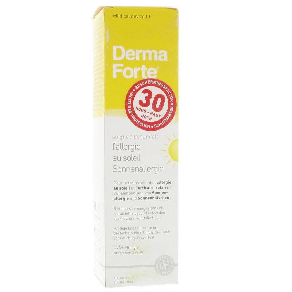 Scatola gialla con logo "Derma Forte" e testo. "30" in cerchio rosso. Testo in francese e tedesco. Trattamento allergia solare.