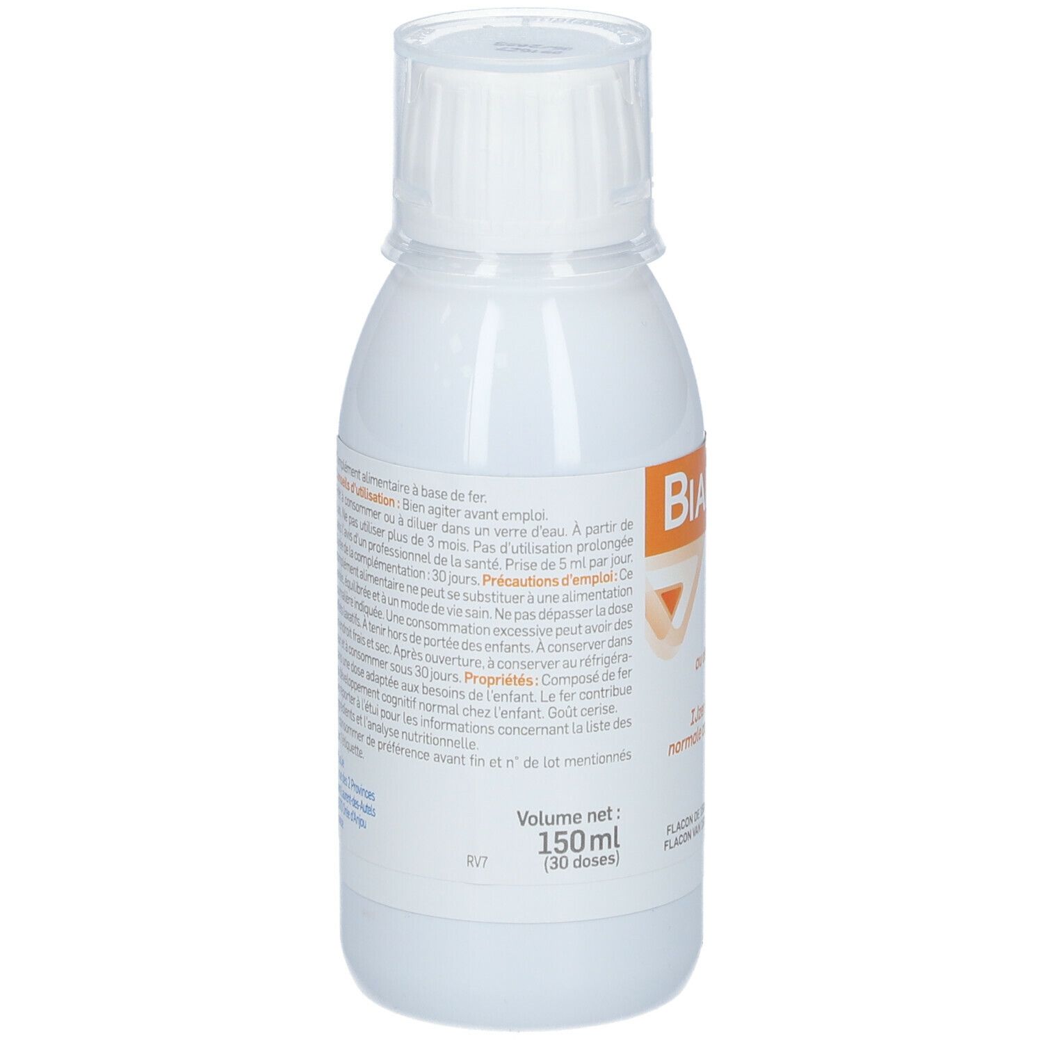Achterkant witte fles BIANE KID. Tekstinformatie en volumeaanduiding.