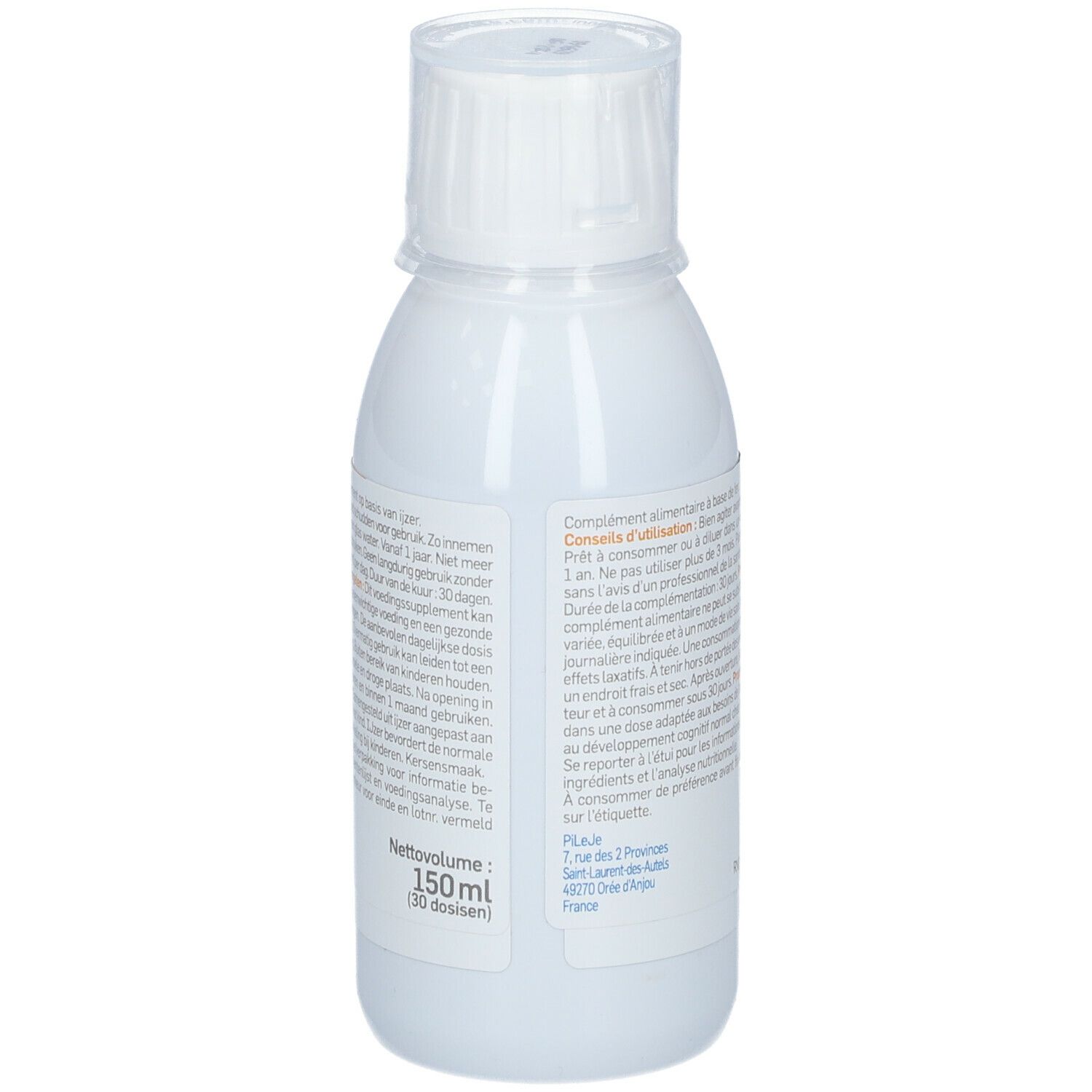 Achterkant witte fles BIANE KID. Tekstinformatie en volumeaanduiding.