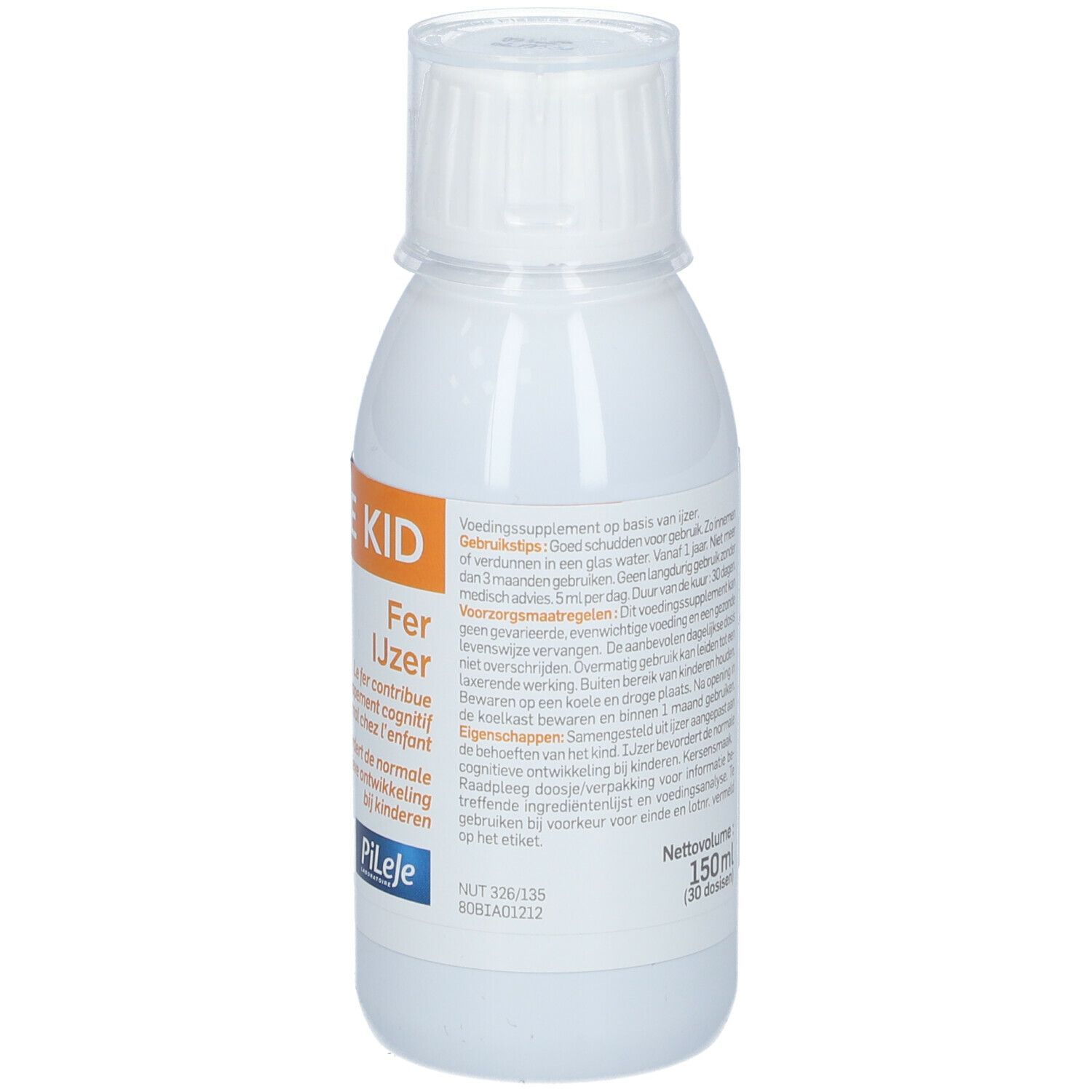 Witte fles BIANE KID Fer IJzer. Tekstinformatie en volumeaanduiding.