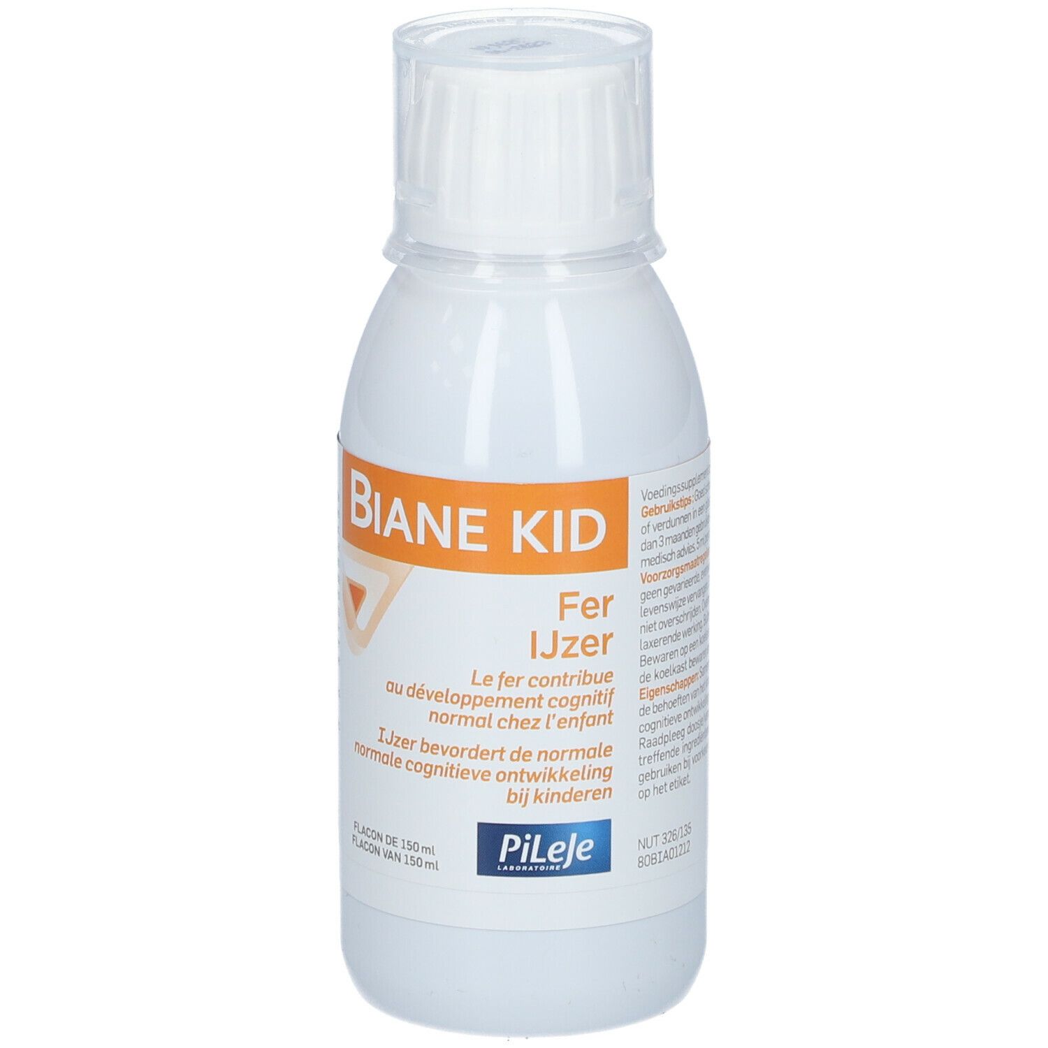 Witte fles BIANE KID Fer IJzer. Bevat ijzer. Merk Pileje.