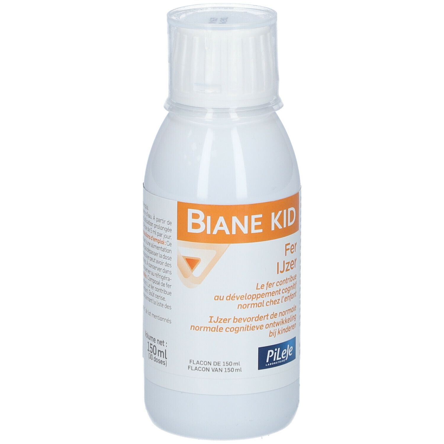 Witte fles BIANE KID Fer IJzer. Bevat ijzer. Merk Pileje.