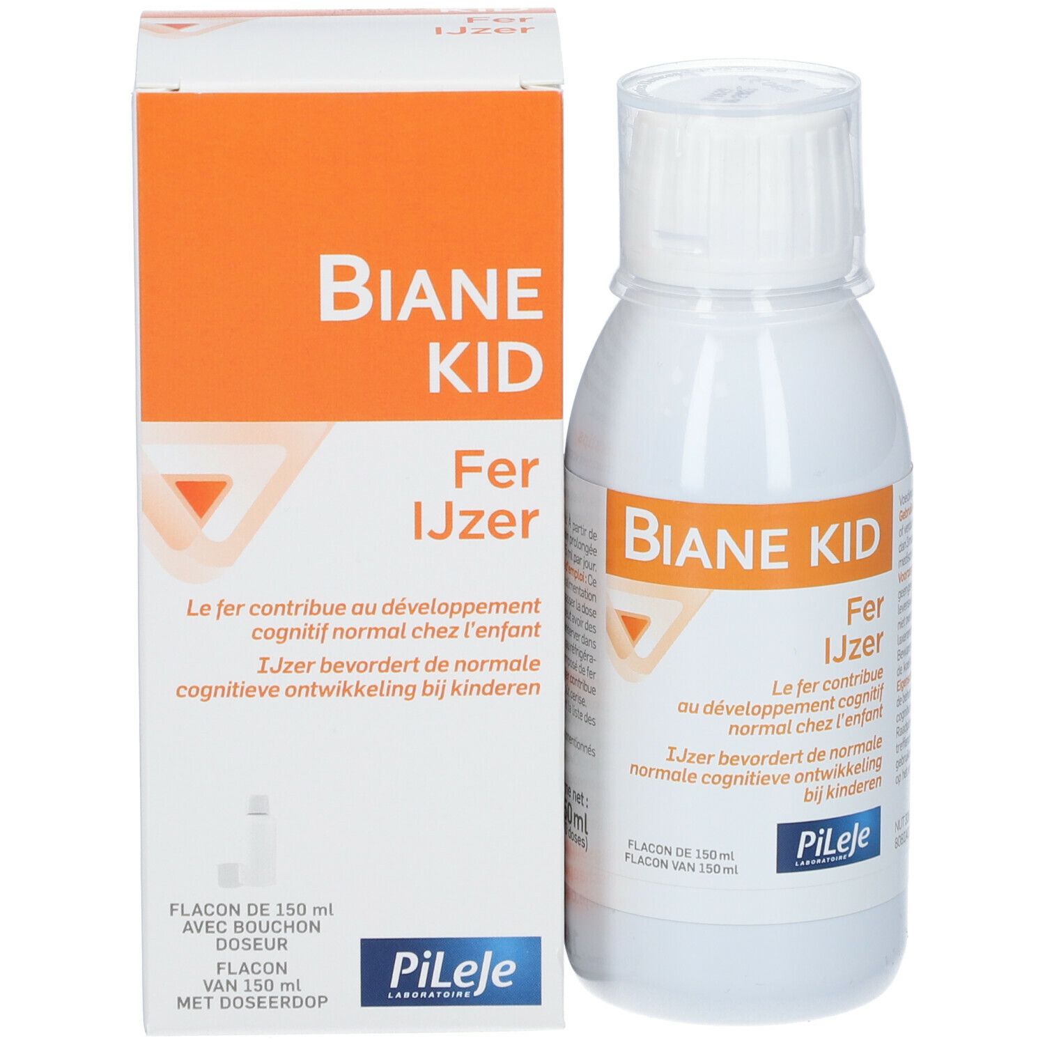 Fles en verpakking BIANE KID Fer IJzer. Bevat ijzer. Merk Pileje.