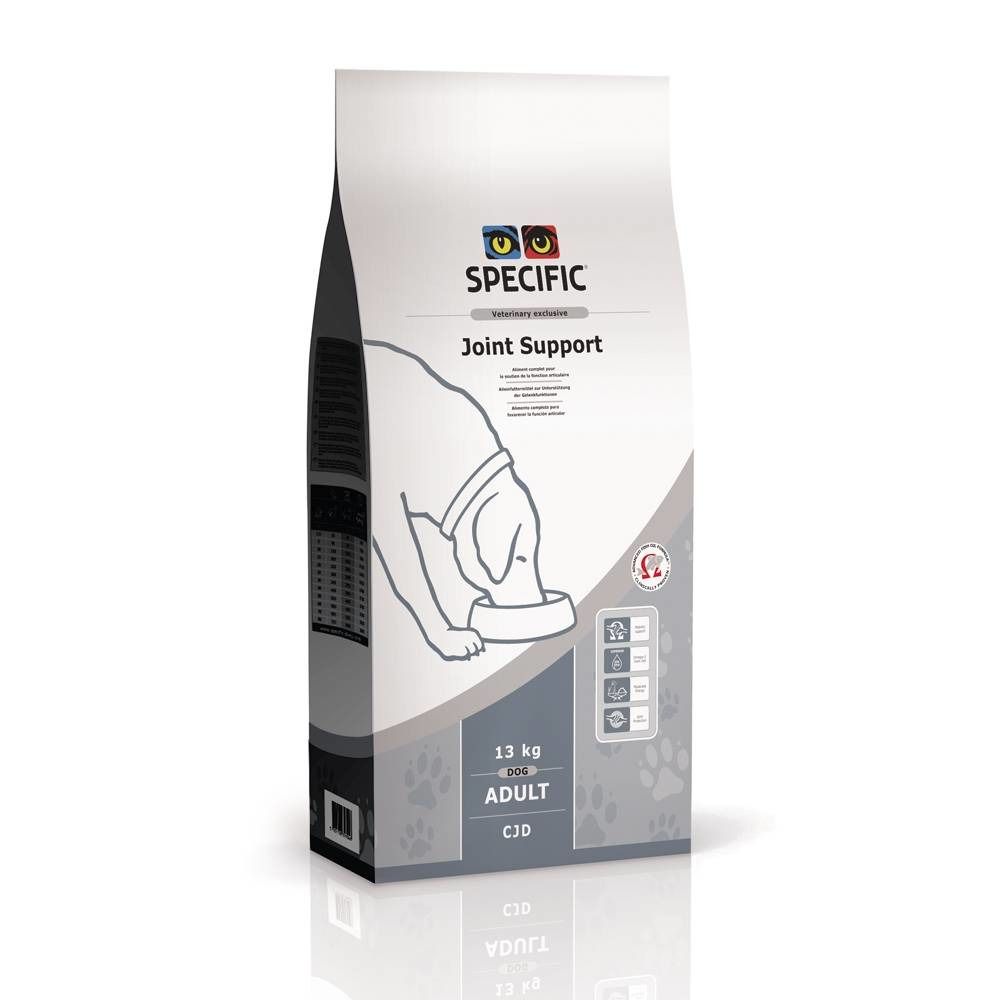 Verpackung für Hunde-Trockenfutter. Aufschrift: Specific Joint Support. Enthält eine Abbildung eines Hundes, der aus einer Schüssel frisst.