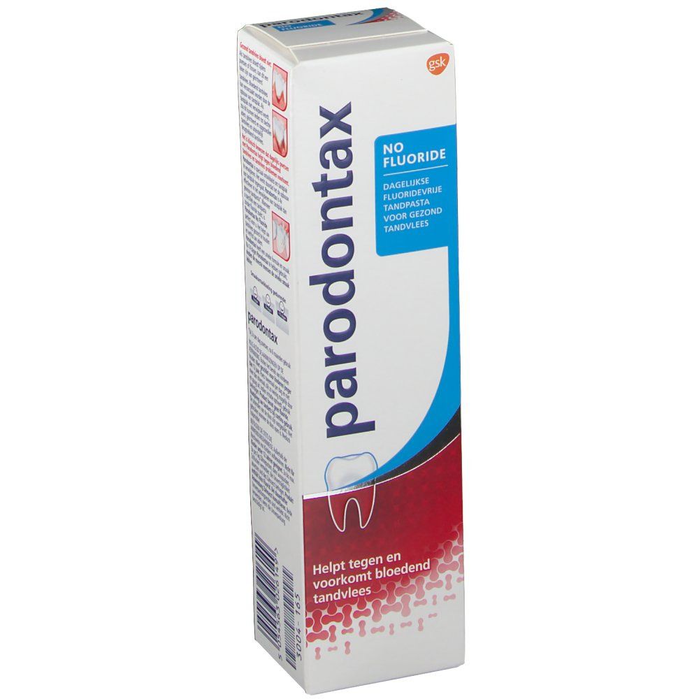 Zahnpasta-Tube und -Verpackung. Aufschrift: parodontax, NO FLUORIDE. Hilft gegen Zahnfleischbluten.