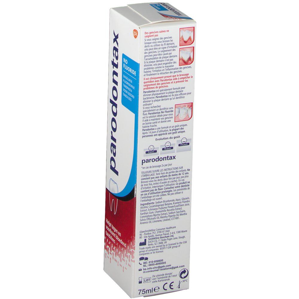 Rückseite der Zahnpasta-Verpackung. Textinformationen und Illustrationen. Aufschrift: parodontax, NO FLUORIDE.