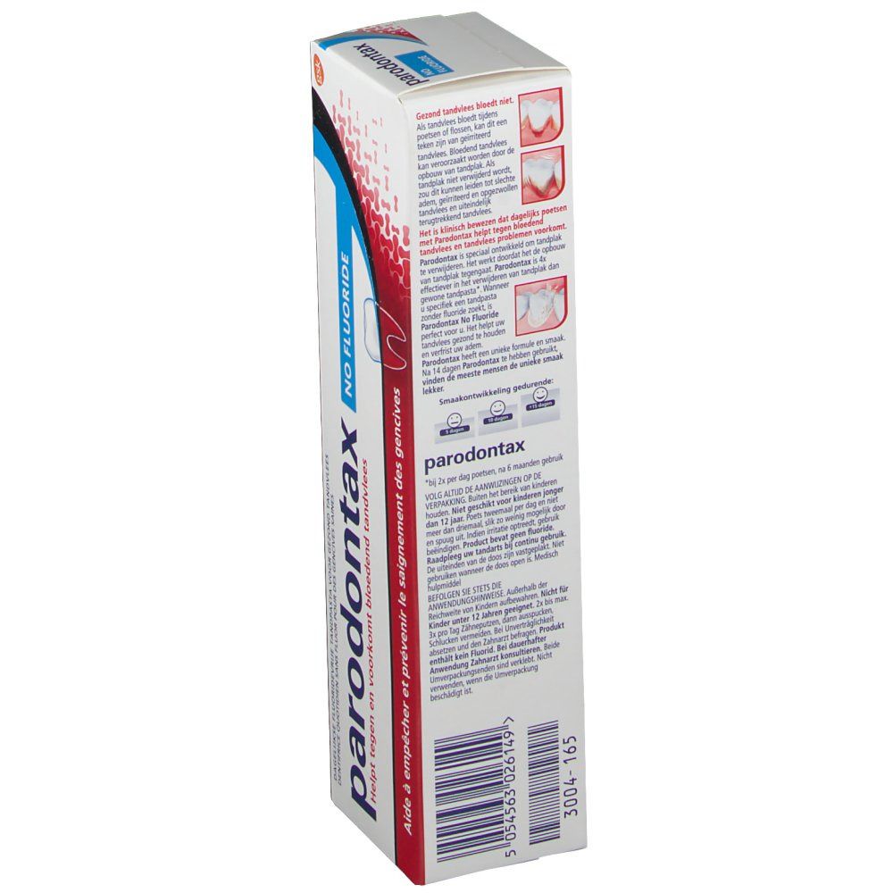 Seitenansicht der Zahnpasta-Verpackung. Textinformationen und Illustrationen. Aufschrift: parodontax, NO FLUORIDE.