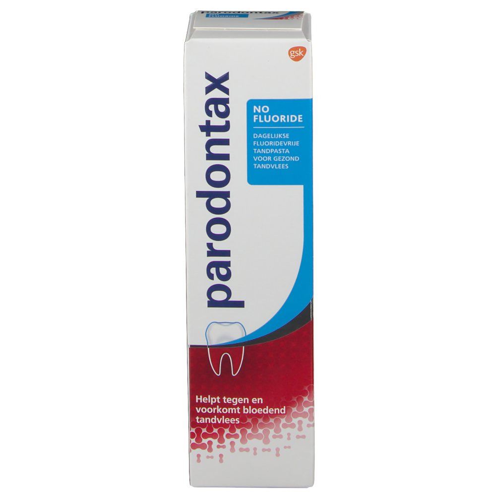 Zahnpasta-Tube und -Verpackung. Aufschrift: parodontax, NO FLUORIDE. Hilft gegen Zahnfleischbluten.