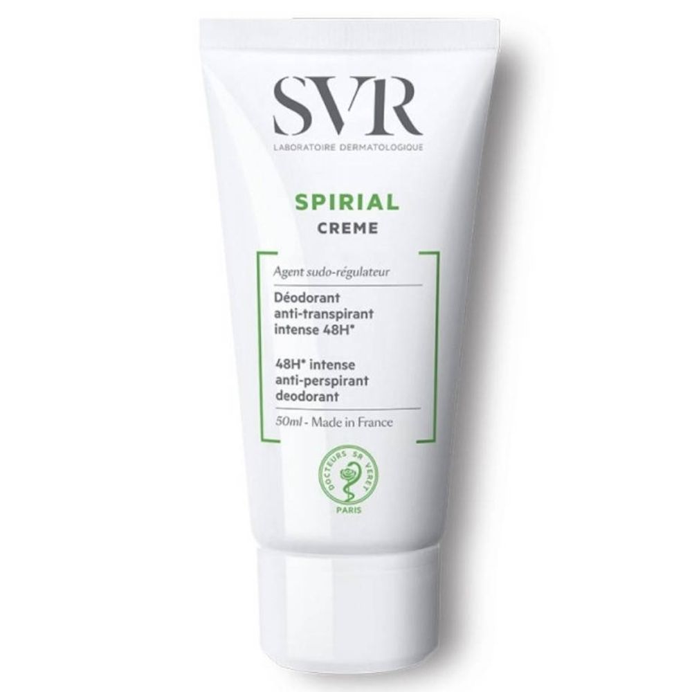 Tube blanc SVR SPIRIAL Crème. Inscriptions vertes et blanches. Nom du produit et logo visibles.