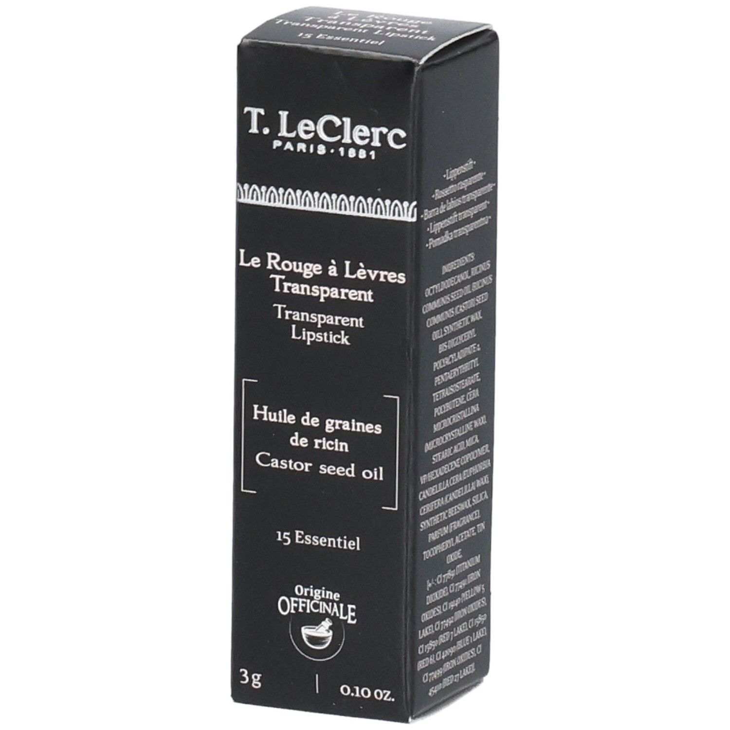 Schwarze Verpackung mit Produktinformationen. Enthält Text in Französisch und Englisch. Marke: T. LeClerc.