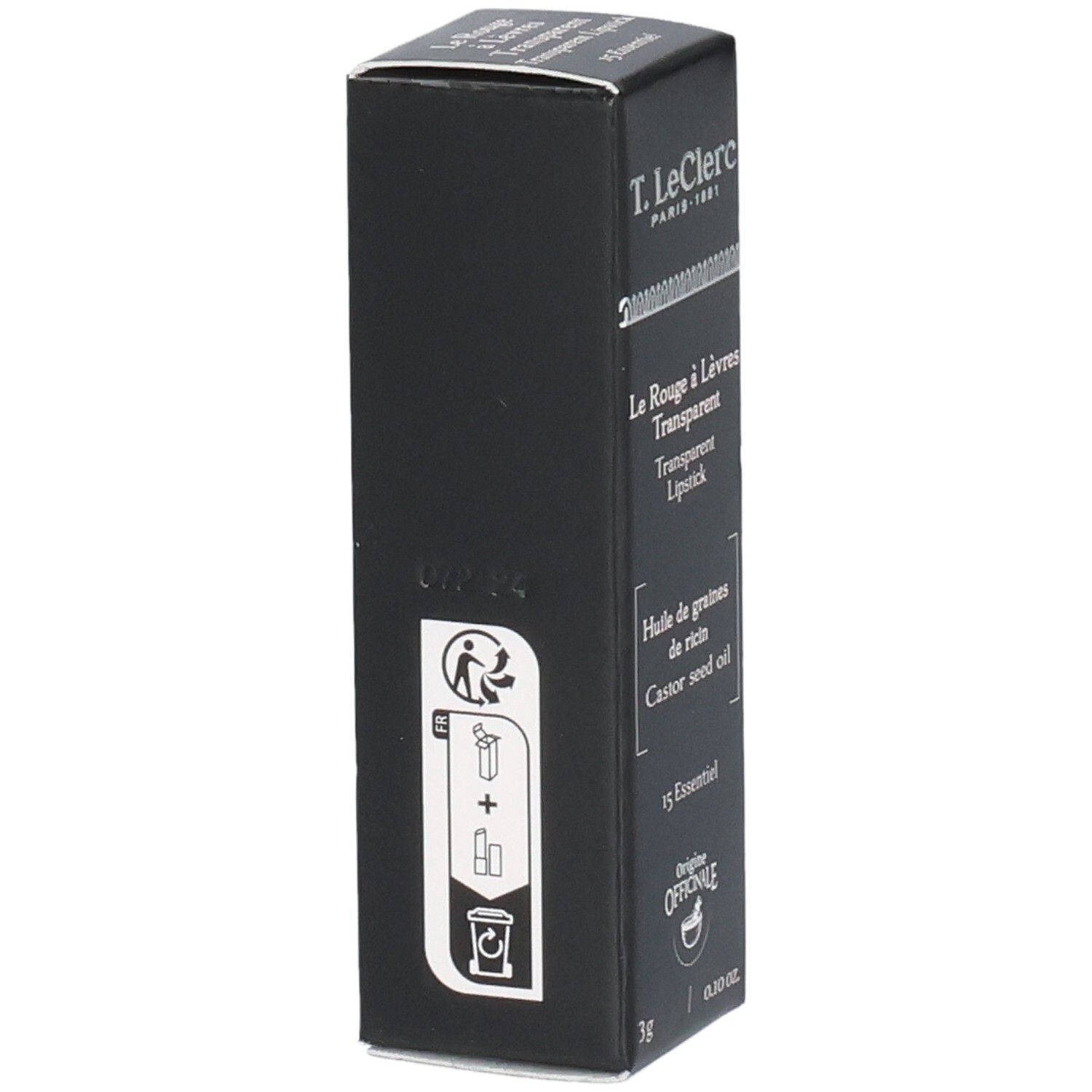 Schwarze Verpackung mit Produktinformationen. Enthält Recycling-Symbol. Marke: T. LeClerc.