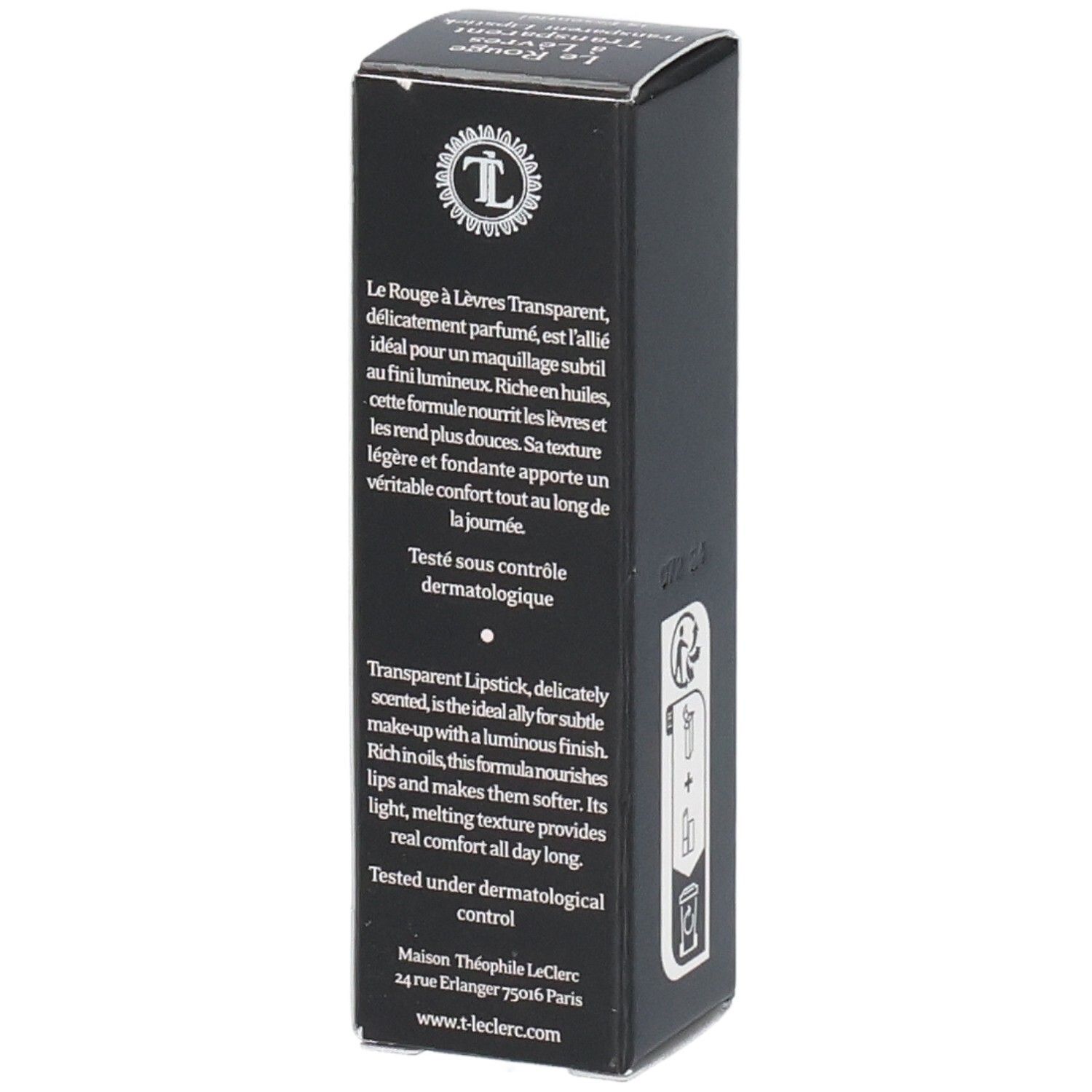 Schwarze Verpackung mit Text. Enthält Produktbeschreibung in Französisch und Englisch. Marke: T. LeClerc.