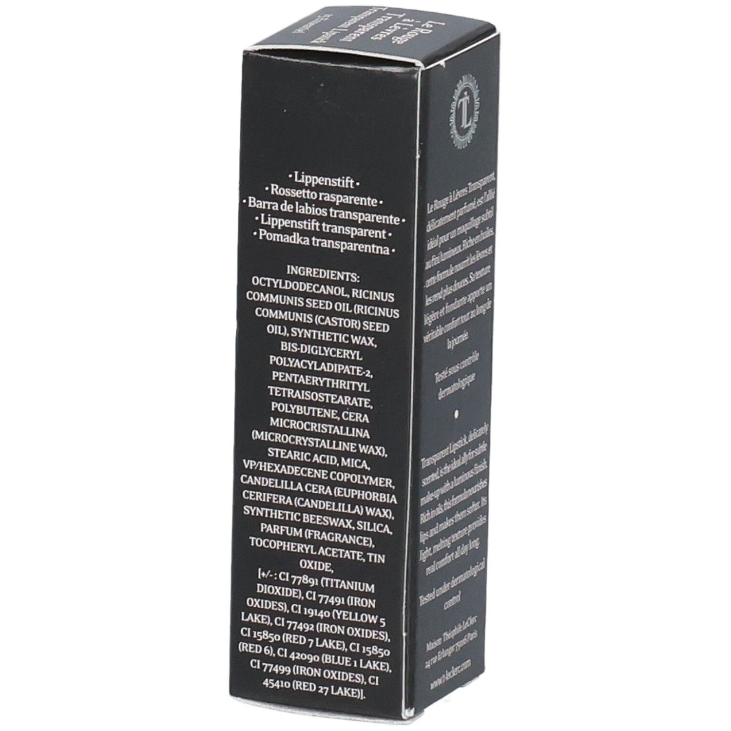 Schwarze Verpackung mit Inhaltsstoffen und Text. Enthält Text in mehreren Sprachen. Marke: T. LeClerc.