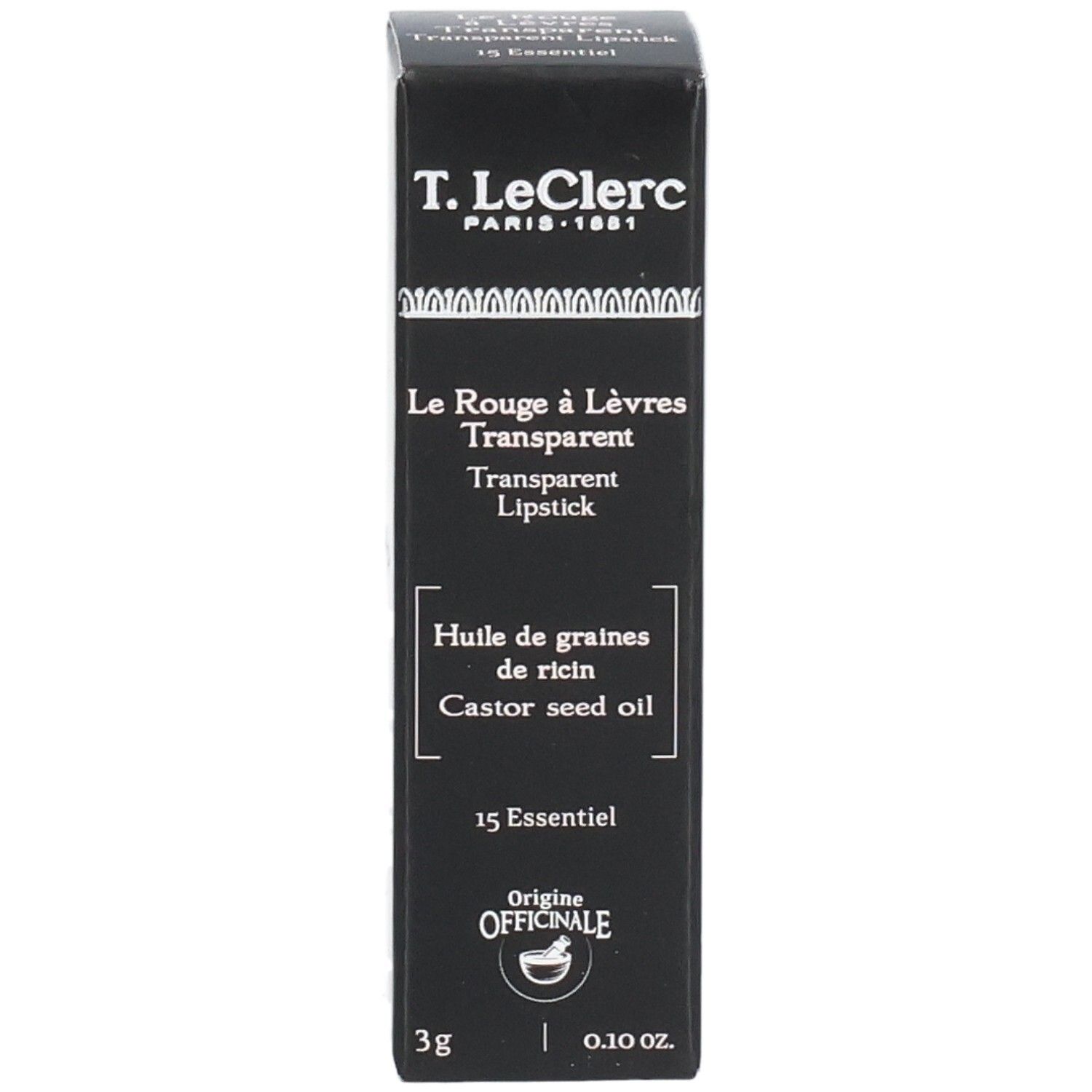 Schwarze Verpackung mit Produktinformationen. Enthält Text in Französisch und Englisch. Marke: T. LeClerc.