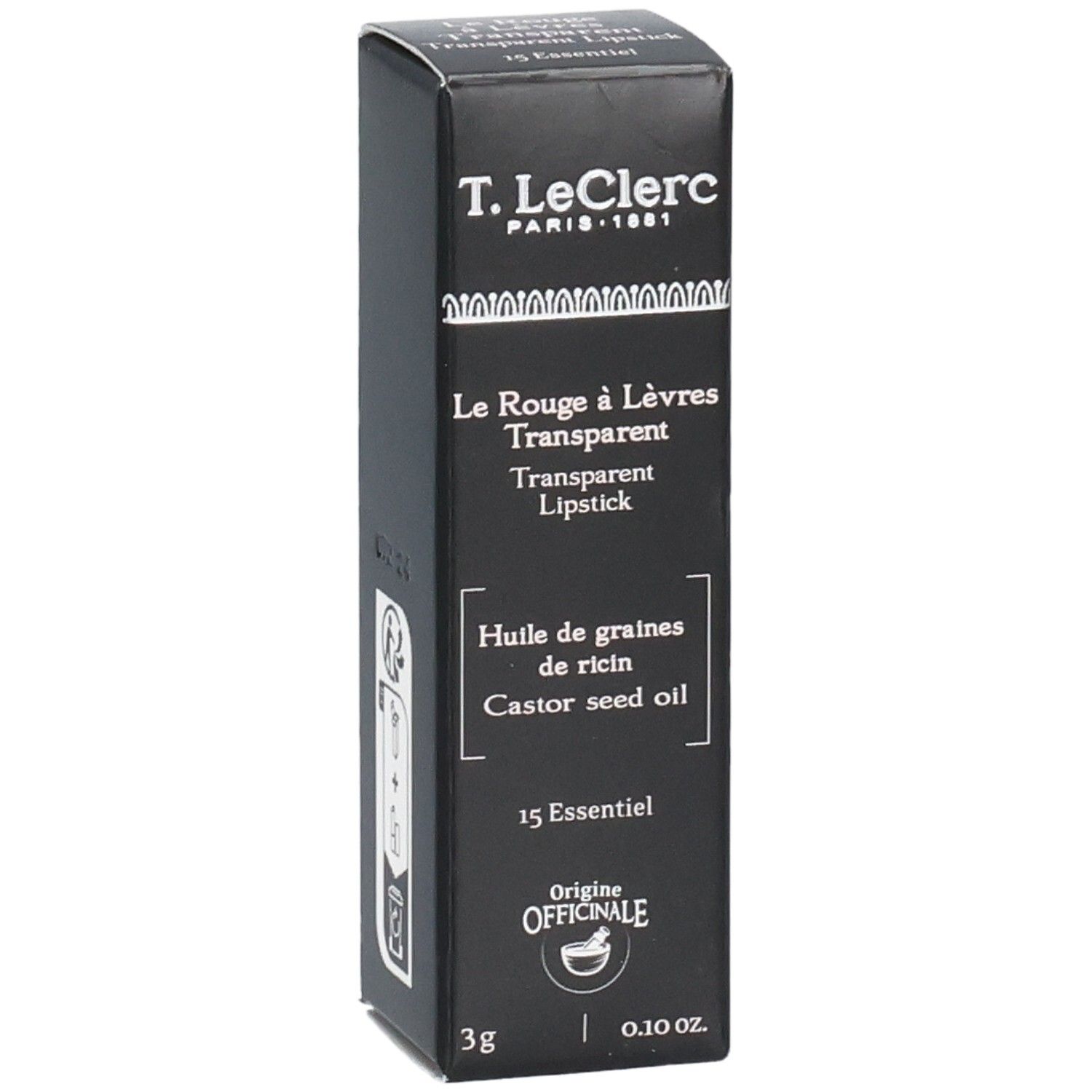 Schwarze Verpackung mit Produktinformationen. Enthält Text in Französisch und Englisch. Marke: T. LeClerc.