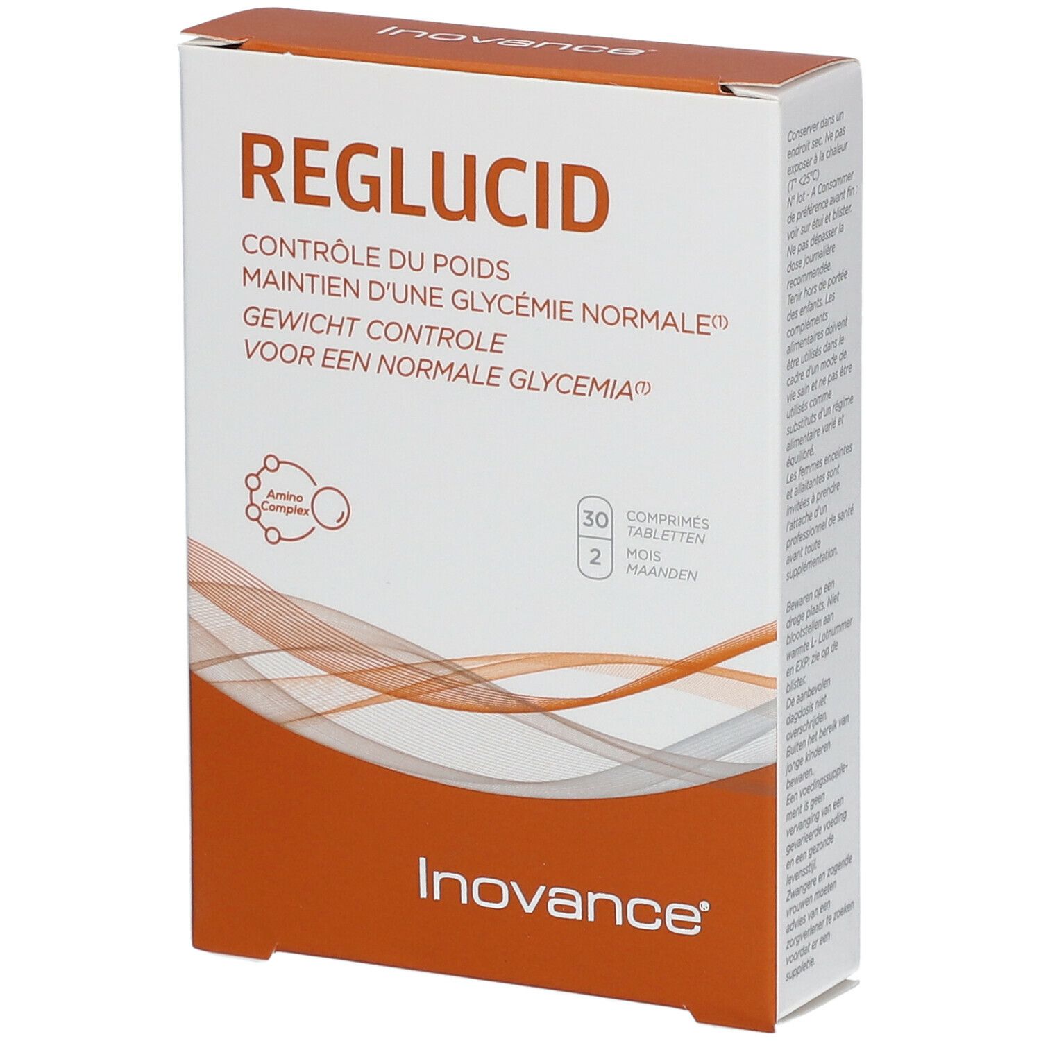 Boîte "Reglucid". Contrôle du poids, glycémie normale. 30 comprimés. Logo Inovance.