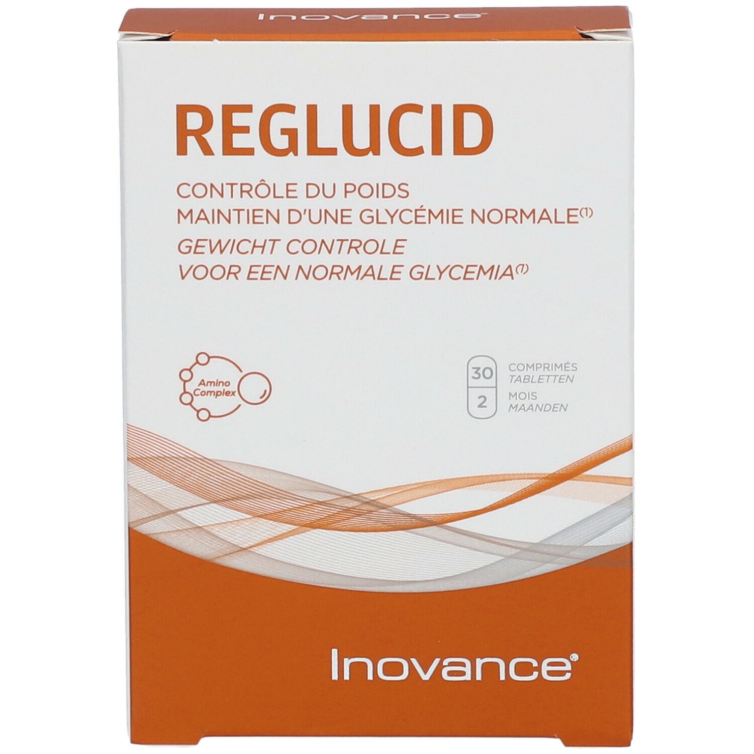 Boîte "Reglucid". Contrôle du poids, glycémie normale. 30 comprimés. Logo Inovance.