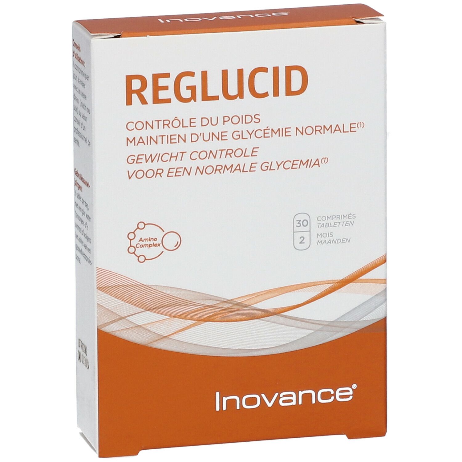 Boîte "Reglucid". Contrôle du poids, glycémie normale. 30 comprimés. Logo Inovance.