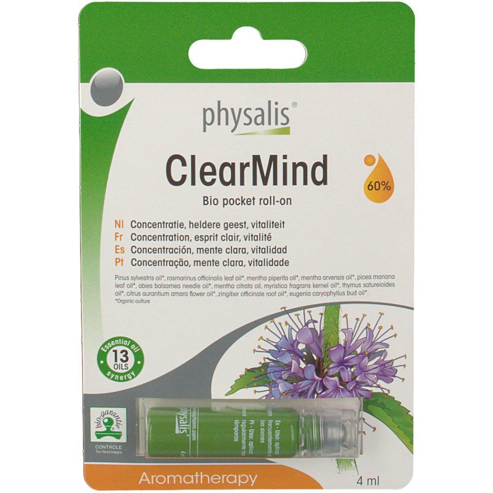 Verpackung mit Roll-on-Flasche. Aufschrift: Physalis ClearMind Bio. 60% und 13 Öle. Aromatherapie. 4 ml.