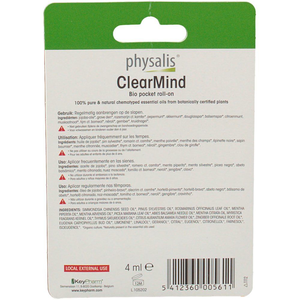 Rückseite der Verpackung. Aufschrift: Physalis ClearMind. Text über Inhaltsstoffe und Anwendung. 4 ml.