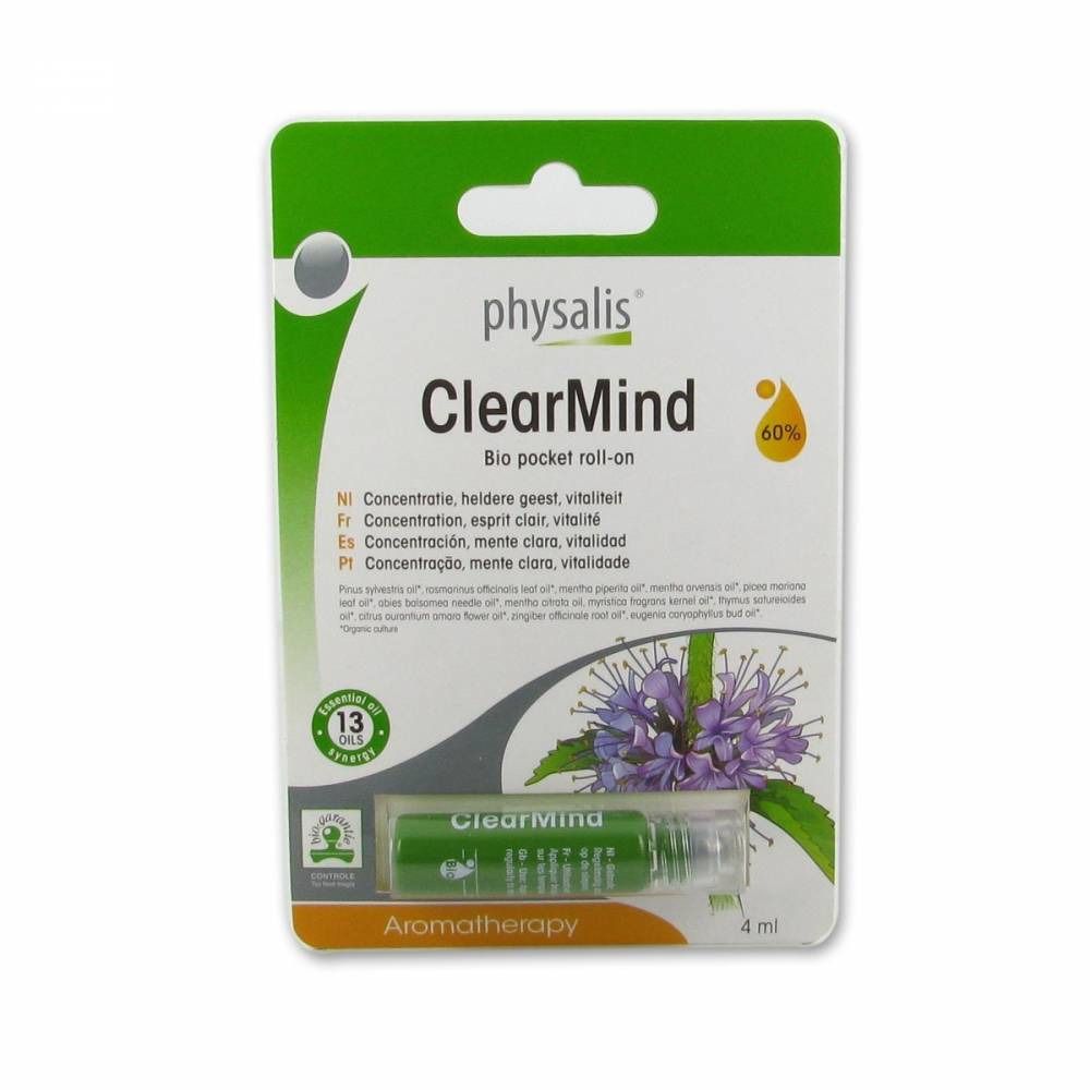 Verpackung mit Roll-on-Flasche. Aufschrift: Physalis ClearMind Bio. 60% und 13 Öle. Aromatherapie. 4 ml.