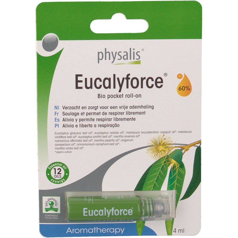 Roll-on Eucalyforce en emballage blister. Inscription: Eucalyforce, Bio pocket roll-on. Contient 12 huiles essentielles. 4 ml.