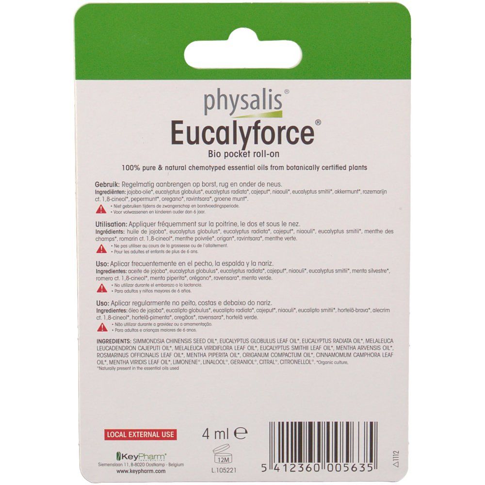 Dos de l'emballage blister. Texte: Eucalyforce, Bio pocket roll-on. Ingrédients et instructions d'utilisation multilingues. 4 ml.