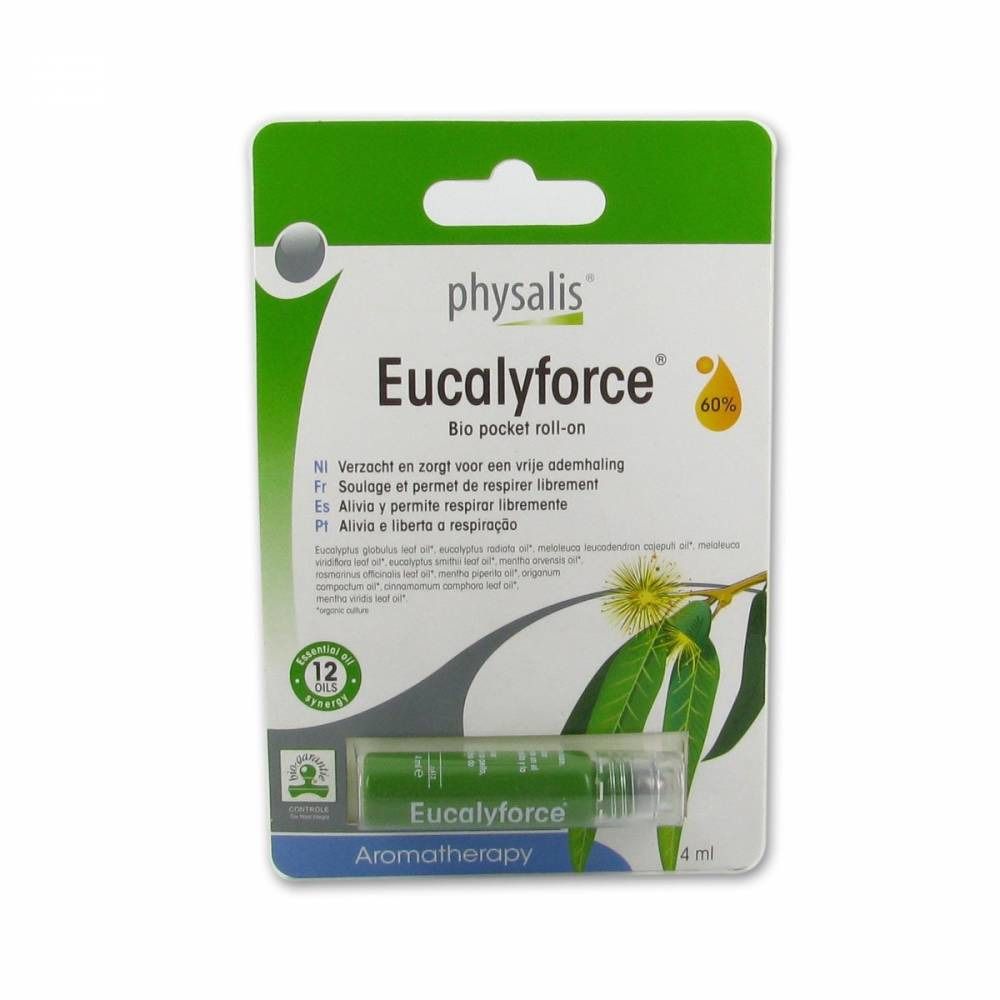 Roll-on Eucalyforce en emballage blister. Inscription: Eucalyforce, Bio pocket roll-on. Contient 12 huiles essentielles. 4 ml.