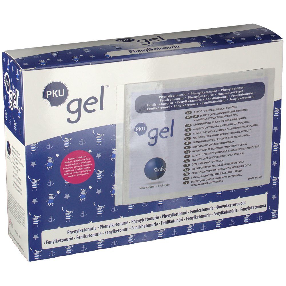 Verpakking met PKU gel. Blauw en witte doos met productinformatie en PKU gel logo. Transparante folie met tekst.