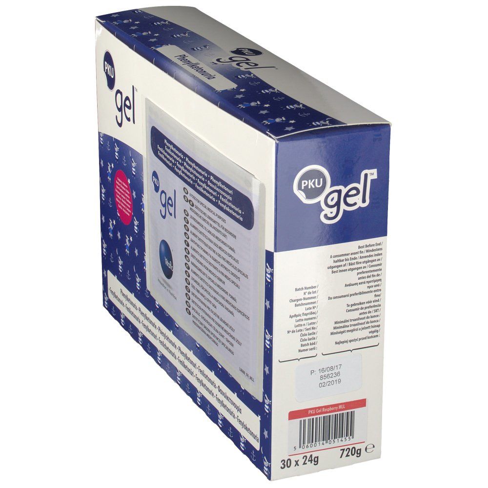 Doos PKU gel, schuin van opzij gezien. Blauw en witte verpakking met productinformatie en PKU gel logo.