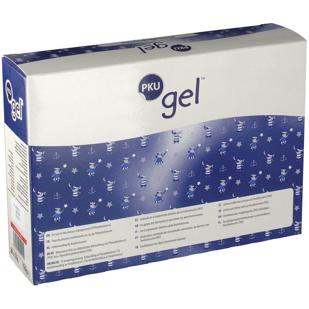 Doos PKU gel. Blauw en witte verpakking met productinformatie en PKU gel logo. Tekst in verschillende talen.